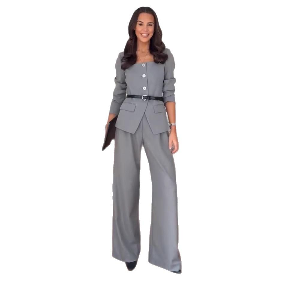 Amazon cross-border 2026 autumn new European and American square collar temperament commuter belt button wide-leg pants set