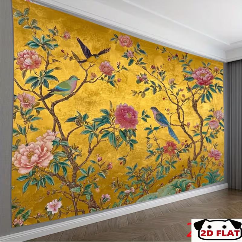 

2D Gold Chinese Peony and Bird Backdrop Traditional Style Banner 47.2x31.5inch/120*80cm