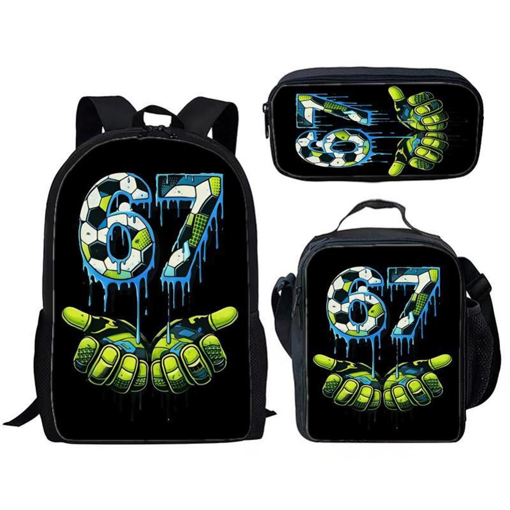 Three Piece Student Backpack Set Includes Backpack Lunch Bag Pencil Case Durable Material Suitable for School Use Sports Theme Design