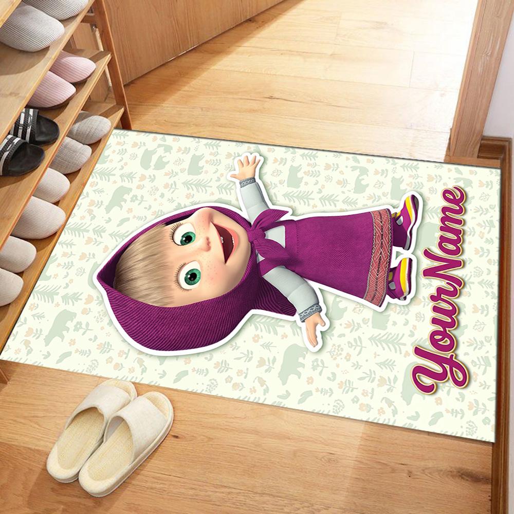Masha Bear Customizable Name Floor Mat Design for Hallway Playrooms Entryway Outdoor Anti-slip Rug Anime Office Decor Best for Christmas