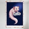 Vintage Style Pink Axolotl with Video Game Controller Metal Tin Sign for Home Bar Man Cave Decor Nostalgic Playful Art Plaque