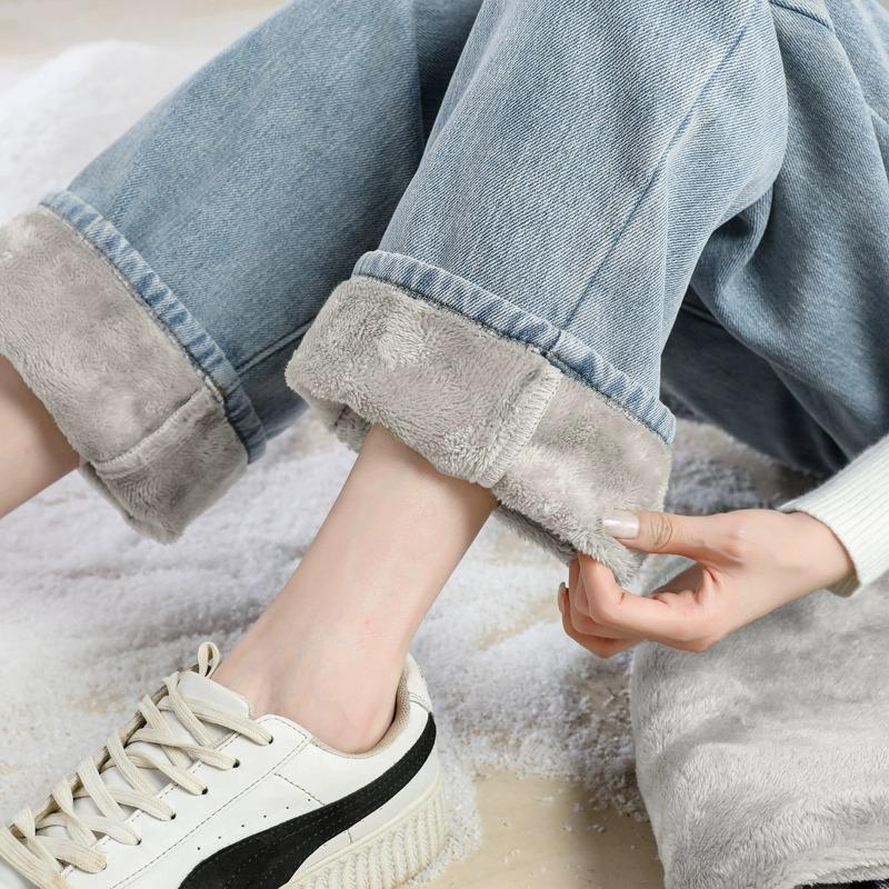 Women's Fleece-Lined High Waist Wide-Leg Jeans - Thick, Loose, Slimming, Straight-Leg Floor-Length Pants