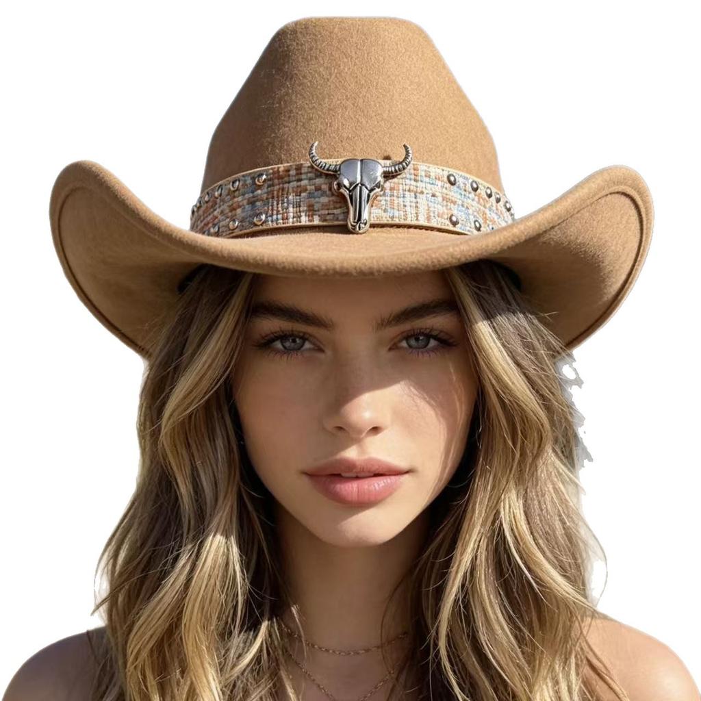 European, American Woolen Western Cowboy Hat with Rolled Brim and Warped Edge Sunscreen Top Hat Cow Head Belt Minority Tibetan Jazz Hat