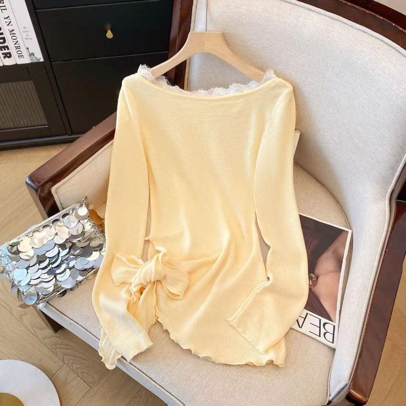 Real shot pure lace edge wool knitted sweater women's spring new inner bottoming shirt women's sweet top