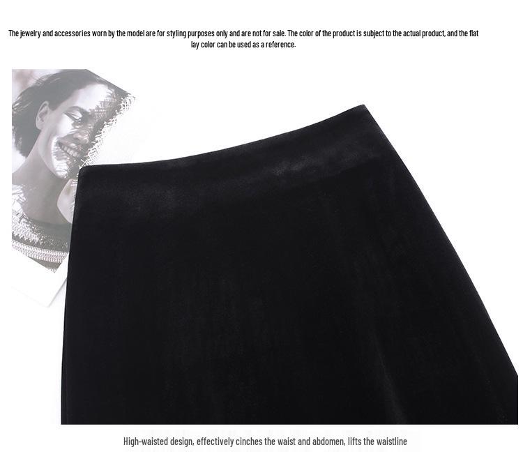 Golden Velvet A-line Skirt, Winter 2025, Elegant Korean Style, High-Waisted, Mid-Length, Slimming, Large Hem.