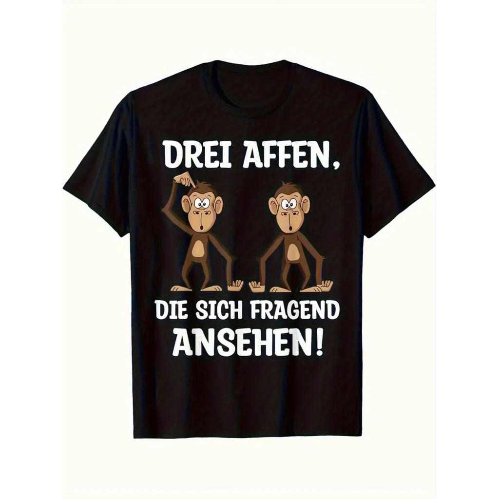 Men's Retro Patterned T-shirt with An Interesting German Quote_ _Three Monkeys Watching Curiously!_ Summer Outdoor Sports