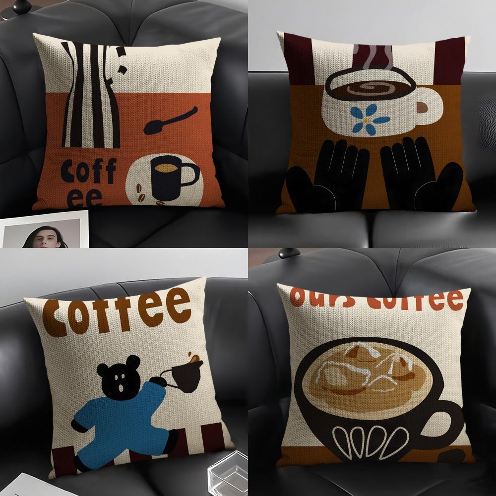 Lu Xika Chen Unisex Creative Coffee Illustration Pillow Case Linen Cushion Covers For Decorative Sofa Home Pillows Case Car Chair Pillows Cases