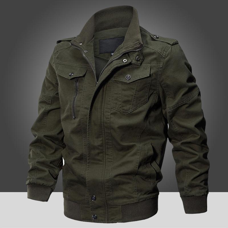 Men's Khaki Utility Jacket with Multiple Pockets, Zipper Button Front, Ribbed Cuffs and Hem