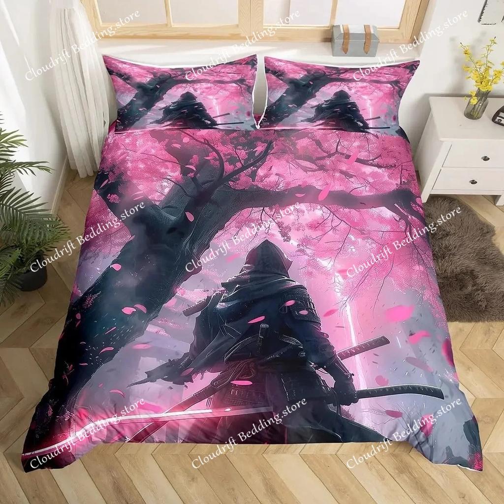Fashion Japanese Samurai Bedding Set Full Size Cherry Blossoms Duvet Cover Red Sun Hokusai Comforter Fuji Mountain Quilt Cover