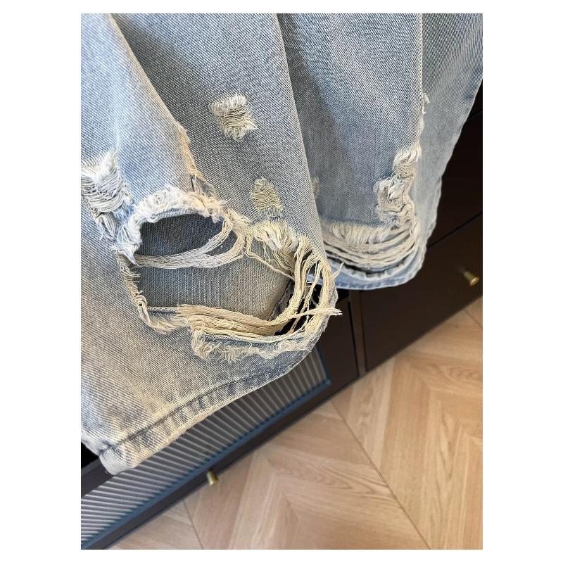 ROADVIBE American Vintage Ripped Patchwork Jeans for Women New Spring Fall Light Blue High Waist Slim Loose Wide Leg Denim Trousers Stree