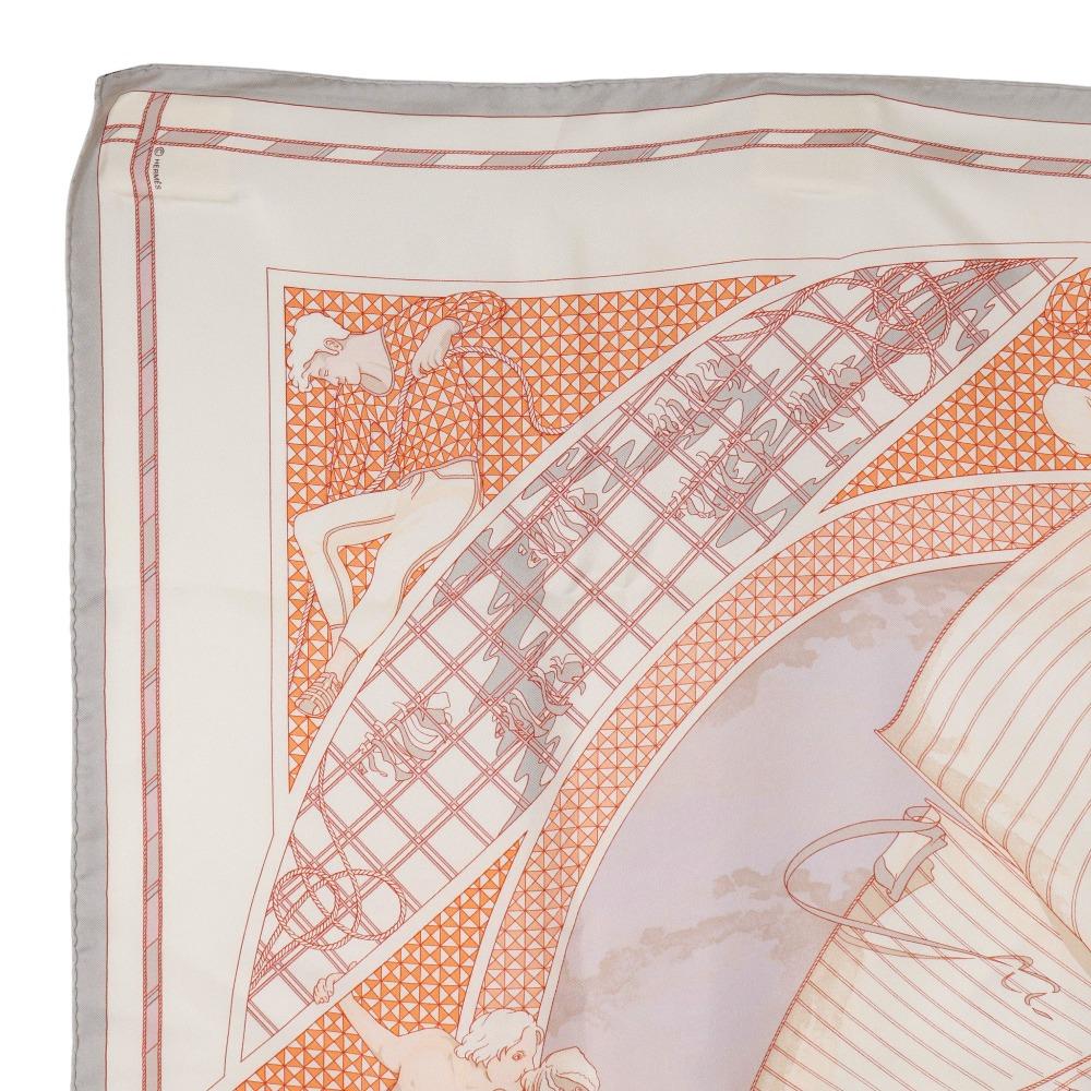 Hermes Carree90 Scarf VOYAGE Au LONG COURS Ocean Voyage White Silk Women Used