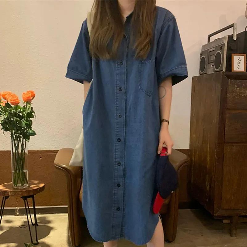 

Retro Versatile Lapel Single Breasted Loose Shirt Casual Mid-length Short-sleeved Denim Dress S синій