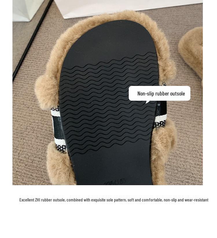 2025 Autumn/Winter Women's Fuzzy Flat Slippers - One-Strap, Letter Design, Versatile Korean Style, Warm Outdoor Footwear (EU)