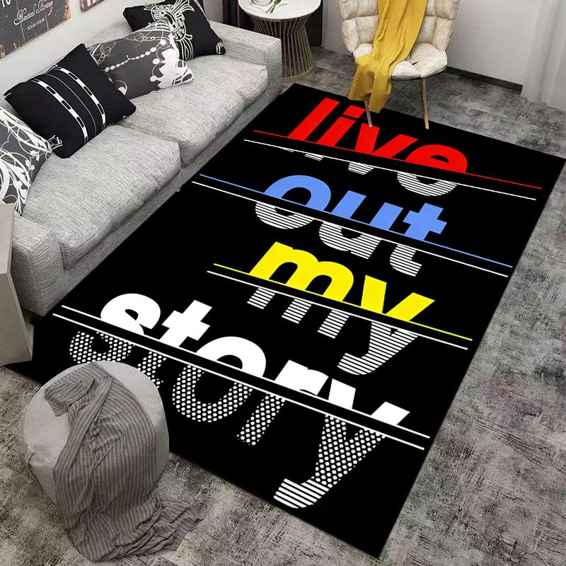 "Modern Black Carpet with 'Live Out My Story' Bold Text Design" Suitable for use as an anti-slip for living room bedroom sofas