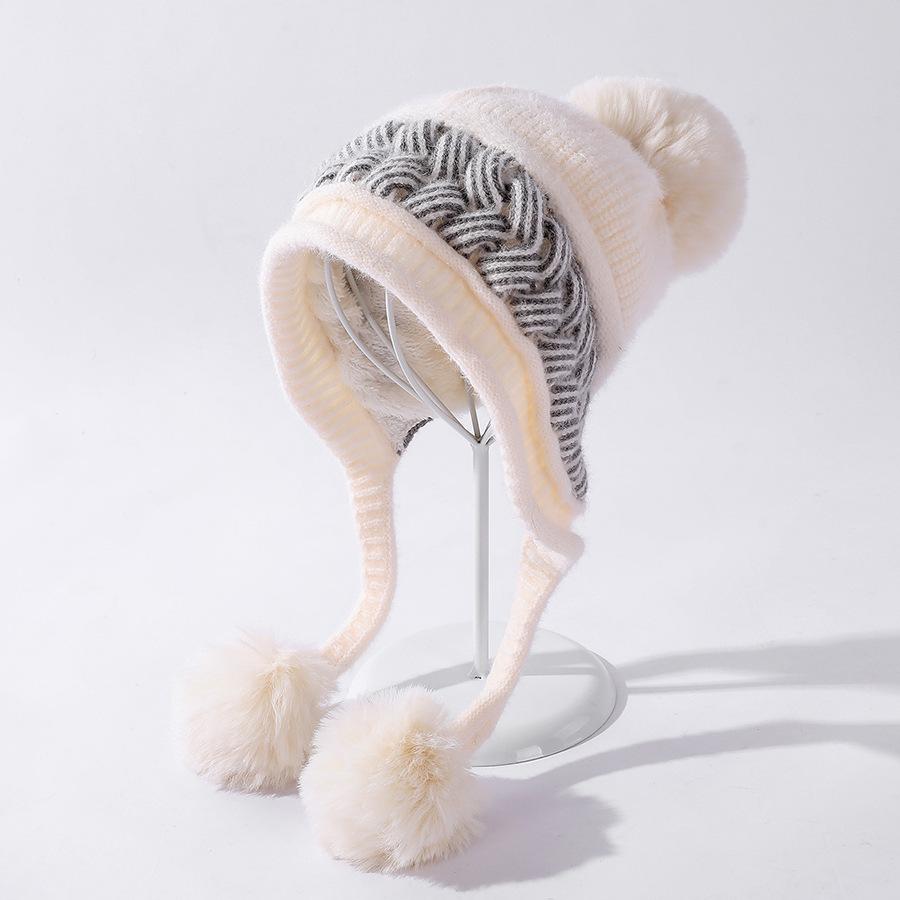 Knitted Hat for Women Color Matching Twisted Sanmao Ball Earmuffs Wool Hat Winter Versatile Casual Plus Velvet Warm Hat