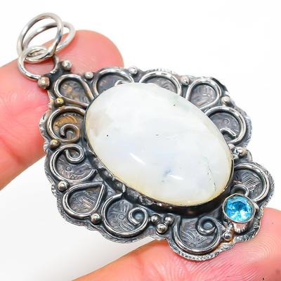 Natural Rainbow Moonstone, Topaz Gemstone 925 Sterling Silver Pendant 2.56" N4p42