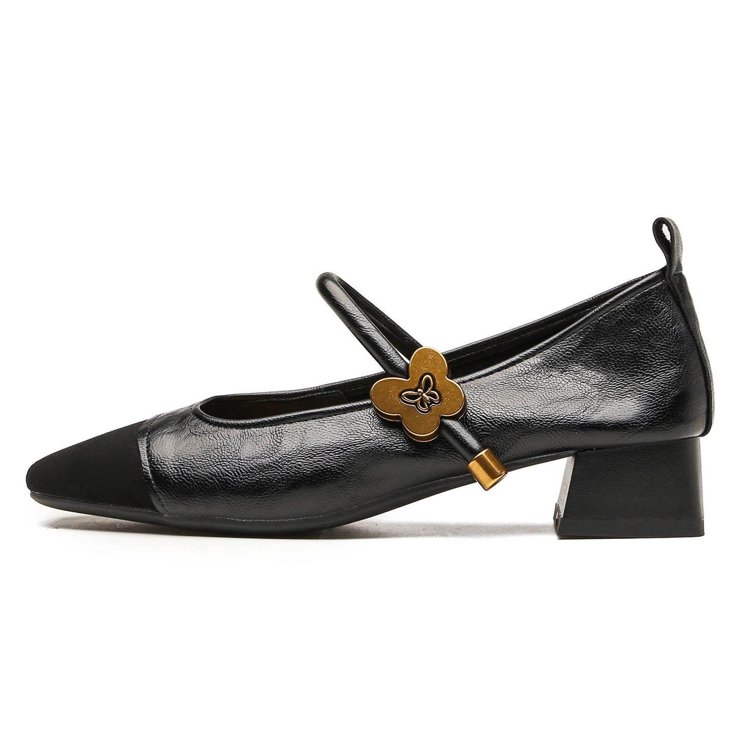 

Processing custom one-word with metal buckle thick heel Mary Jane shoes 3cm splicing temperament French small single shoes square head 35