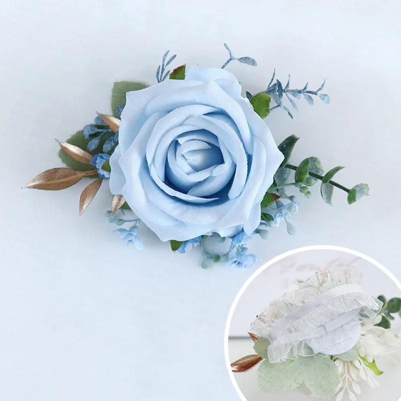 6pcs White Pink Corsage and Boutonniere Set Artificial Rose Wristlet Suit Flower for Men Wedding Party Prom Decoration