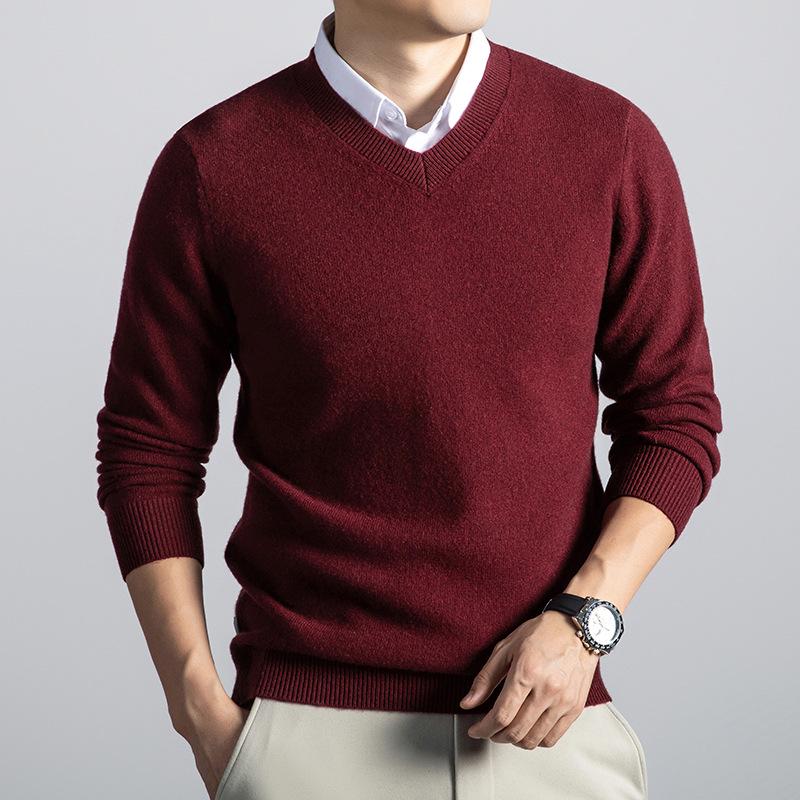 Men s 100% Pure Wool V-Neck Thick Warm Sweater Inner Layer XXL