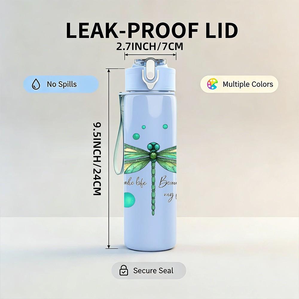 1PC Green Dragonfly Floral 750ml Color Plastic Sports Water Bottle Leakproof Flip Straw Lid Suitable for Sports Office Home Use