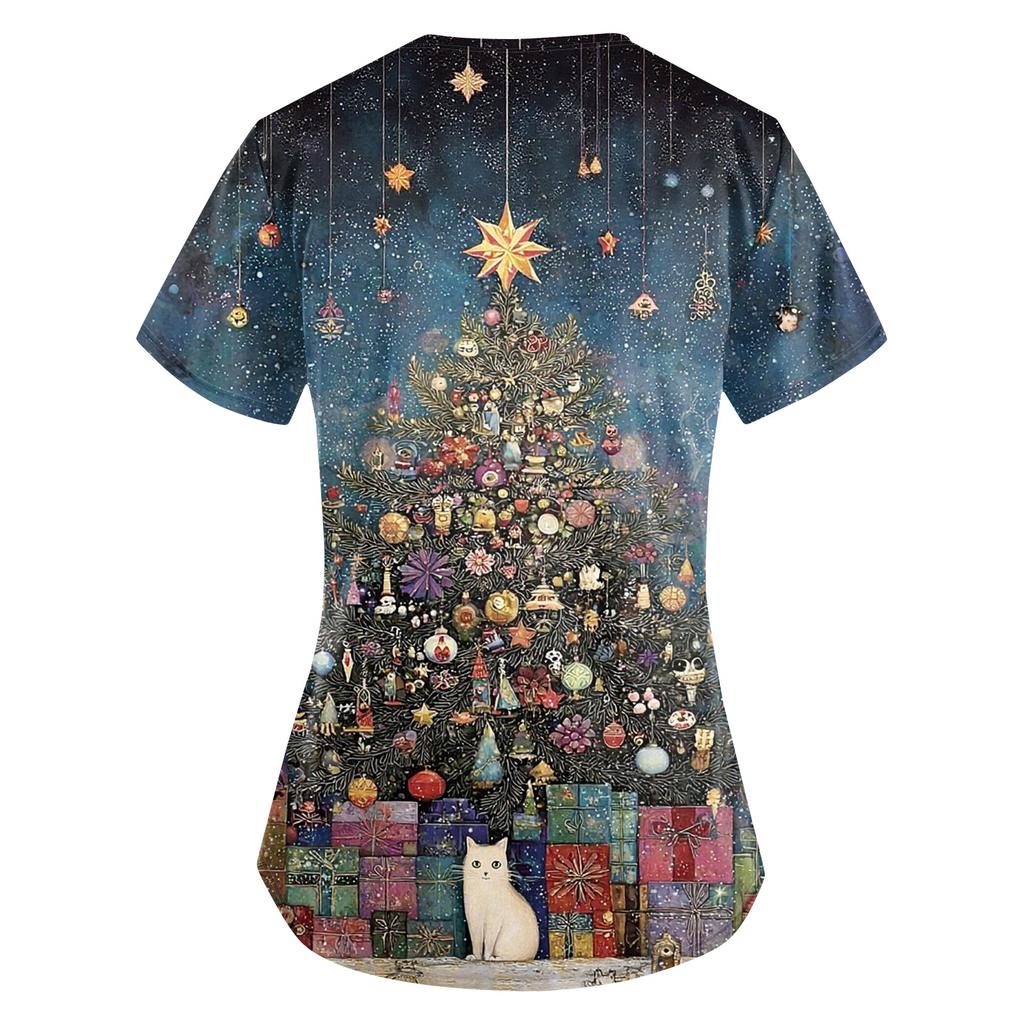 Women's Fashion V-Neck Short Sleeve Overalls With Pockets Christmas Printed Tops  Clothes