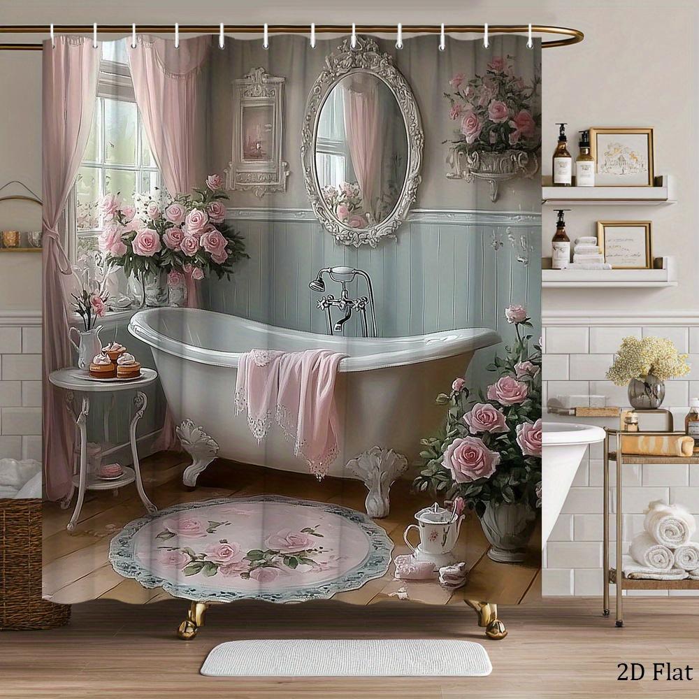 Luxuriöser Vintage Badezimmer Duschvorhang Blau Pastell Shabby Chic Dekor Wasserdichter Duschvorhang 180x180cm