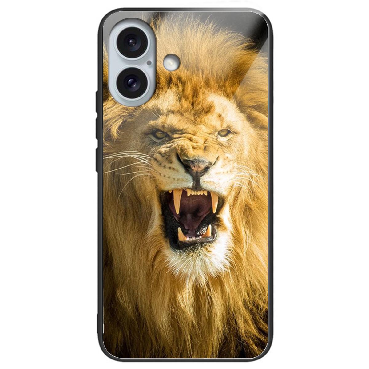 

For iPhone 16 Plus Case Pattern Printing Tempered Glass+TPU Phone Cover Lion