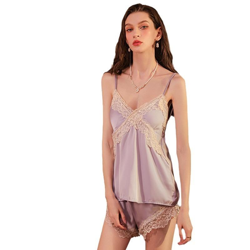 Sexy women's summer light luxury ice silk clothes with chest pads, pure desire suspender set