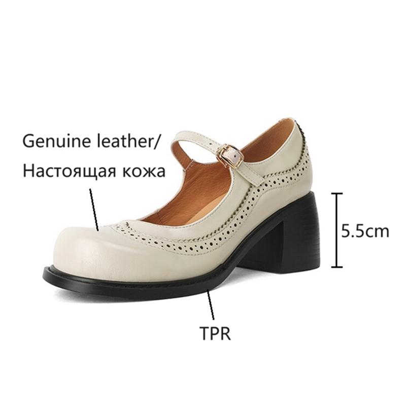 Fashion NEW Spring Women Pumps Genuine Leather Shoes for Women Round Toe Chunky Heel Shoes Retro Mary Janes Carving College Girl Shoes