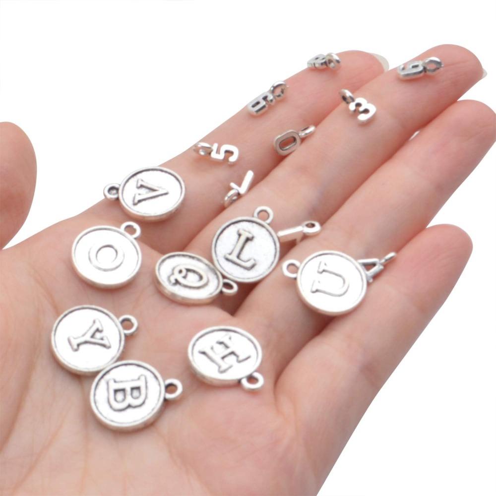 130pcs Round Antique Alphabet Charms Silver Initial Charms Dangle  for Bracelet