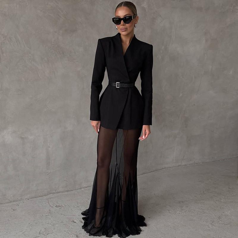 2025 Neuer Damen V-Ausschnitt Blazer Mantel Büro-Outfit Sexy Perspektive Mesh Slim Lange Röcke Anzug Elegant Einfarbig Club Party 2-teilige Sets