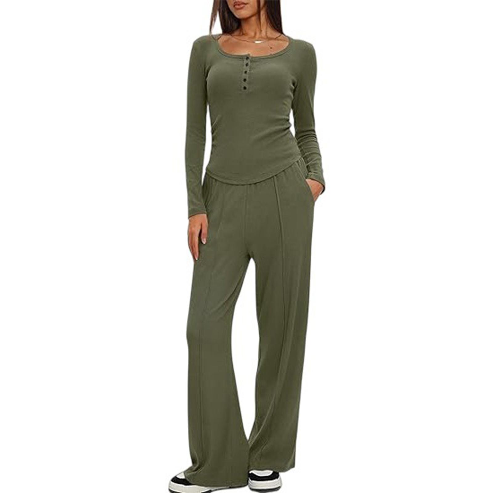 Women s Fashion Crewneck Knitted Button Long-sleeved Pants Set Two-piece Set L