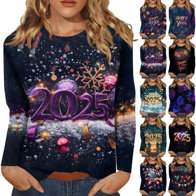Damski jesienno-zimowy T-shirt z okrągłym dekoltem i długim rękawem, top z nadrukiem