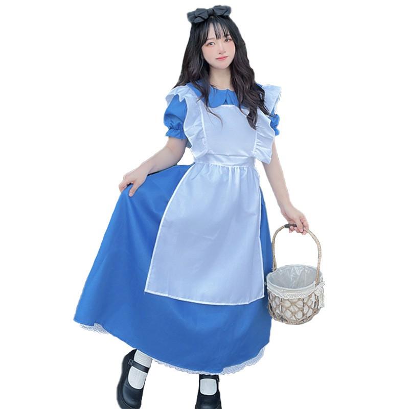 Alice In Wonderland Halloween Cosplay Dress Lolita Maid Outfit Short Sleeve Sweet Princess Costume Blue Set