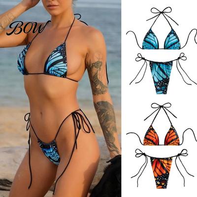 Halter Top Bikini Women Butterfly Print Set, Tie & Side Thong, Beachwear Two Piece Triangle Swimsuit, Sexy Beach Bathing Suit for Summer Breathable