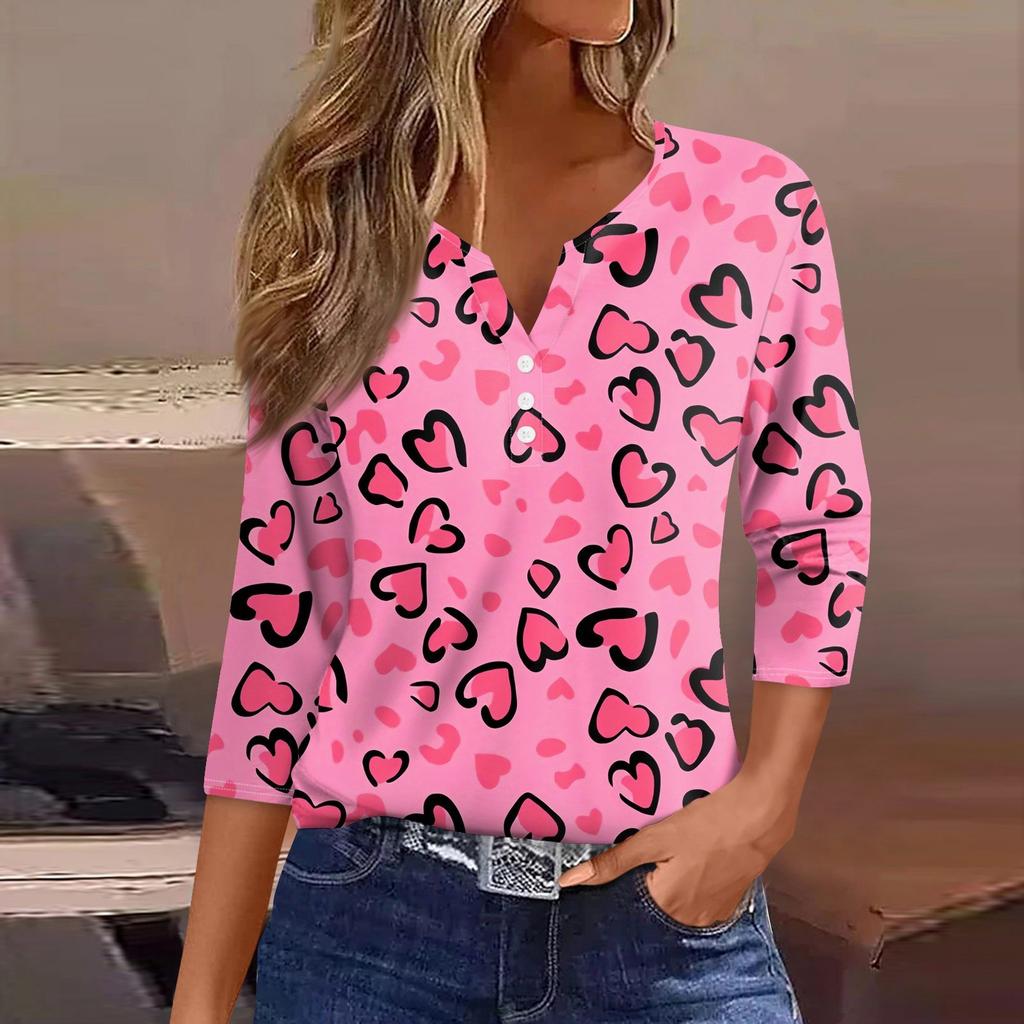 Damen T-Shirt mit Aufdruck zum Valentinstag, Knopfleiste, 3/4-Ärmel, Tunika, Alltag, Wochenende, Mode, Basic, V-Ausschnitt, normales Oberteil