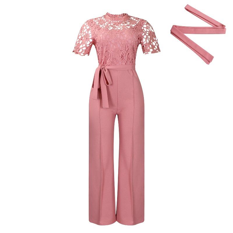 

Женский сексуальный кружевной полый короткий рукав на бретельках с высокой талией и широкими штанинами комбинезон S розовый