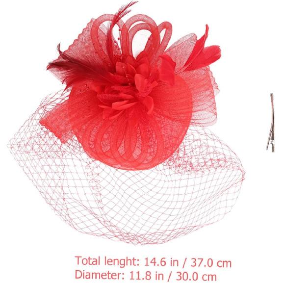 LIOOBO Fascinator Hat Headband with Mesh Plume Flower Detail Red Cocktail Tea Party Wedding Hat for Women and Special Occasion Accessories