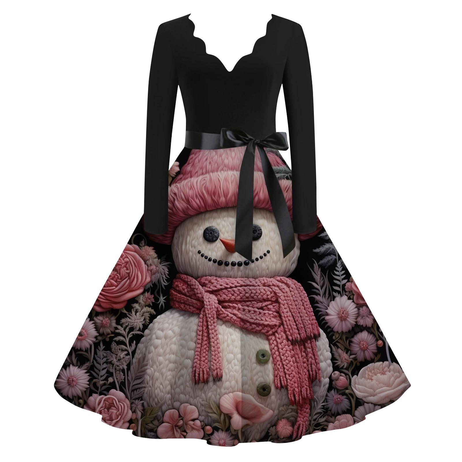 Женское повседневное и модное рождественское платье с V-образным вырезом и большим подолом — фото 7