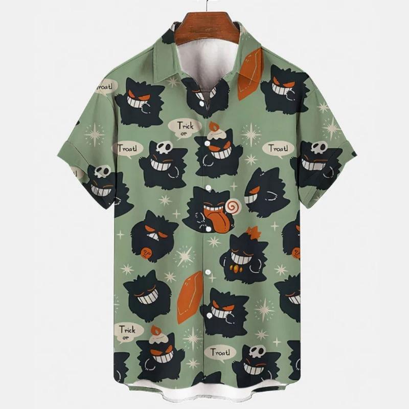 Camisa con Estampado de Flores de Dibujos Animados Cara de Fantasma Oscura Fantasma Geng Estilo Delgado Holgado de Verano Top Cárdigan Unisex para Vacaciones