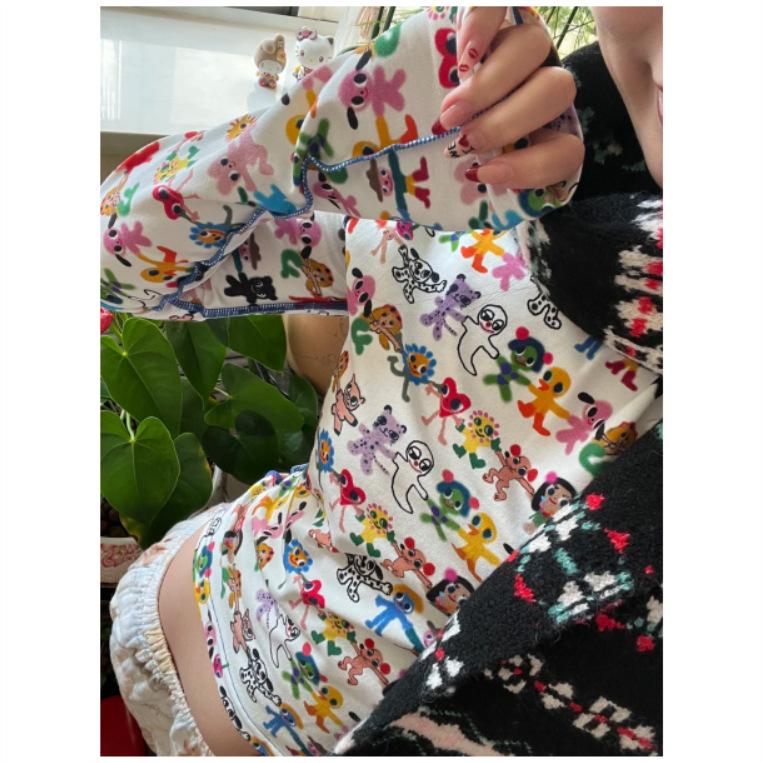 2025 Women s Autumn Artist Graffiti Print Long Sleeve Cropped Slim Top Medium