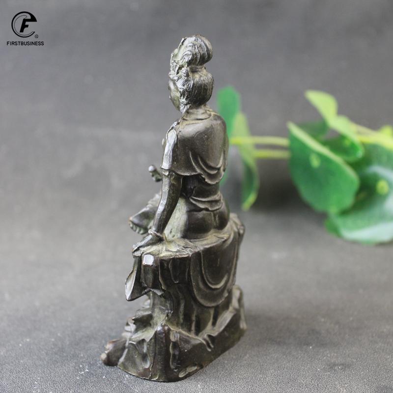 Antique Copper Guanyin Bodhisattva Statue Desktop Ornament Retro Buddha Figurines Lucky Feng Shui Home Decors Crafts Accessories