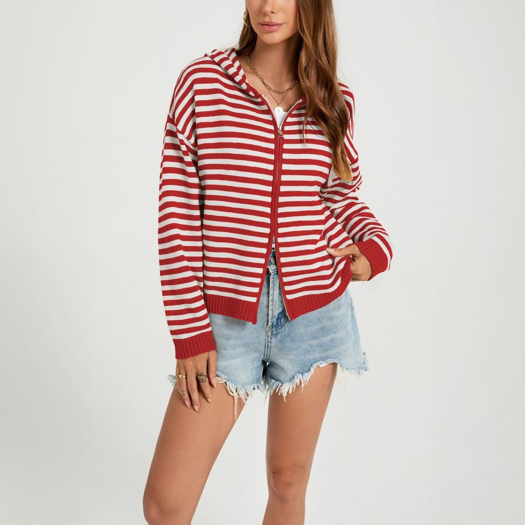 Women's Striped Casual Zip-Up Hooded Cardigan Sweater - Loose Fit Long Sleeve