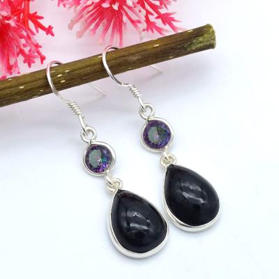 Boucle d'oreille en Argent Sterling 925 Faite à la Main avec Topaze Mystique Naturelle et Onyx Noir, Coupe Ronde & Cabochon Poire, Boucle d'oreille pendantes pour Femmes
