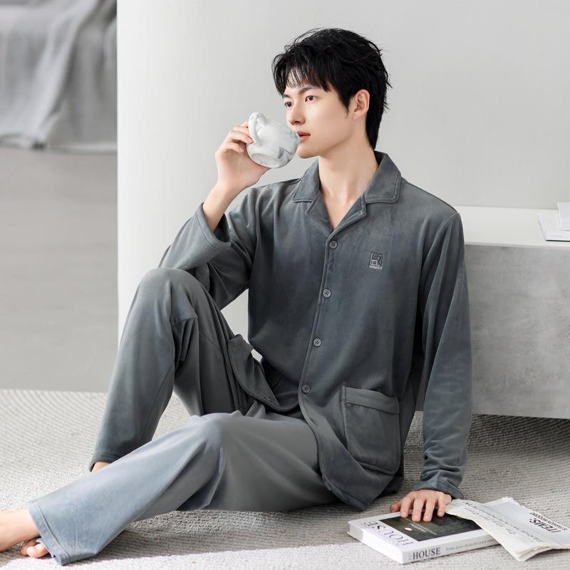 Coral Fleece Pajamas Men'S Autumn And Winter Thickened Island Fleece Flannel Can Be Worn Outside In Winter, Spring And Autumn Loungewear Suit