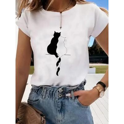 Short Sleeve Print Clothes Women Spring Summer Female Tee Fashion Cat Love Sweet Valentine Shirt Lady Graphic T-shirt