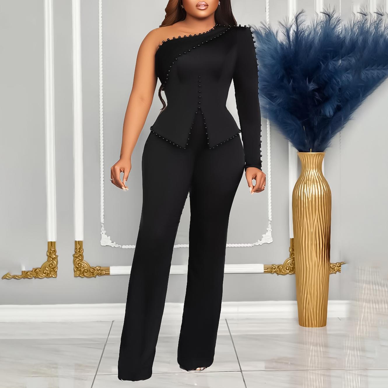 

Women 2 Pieces Sets Plus Size Xxxl One Shoulder Beaded Long Sleeve Shirt Outfits Casual Trousers Elegant Clothes Pant Sets XXXL