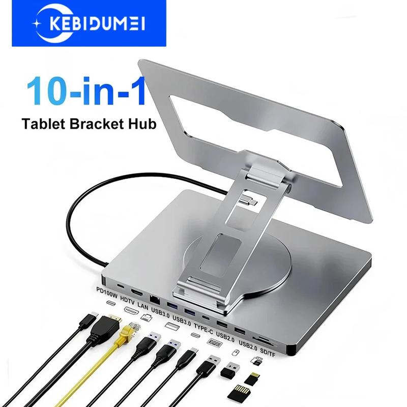 Aluminum Ipad Holder 10 In 1 Docking C Hub 4K 60Hz Type C Adapter USB3.0 5Gbps 100W PD Charger For Laptop Desktop