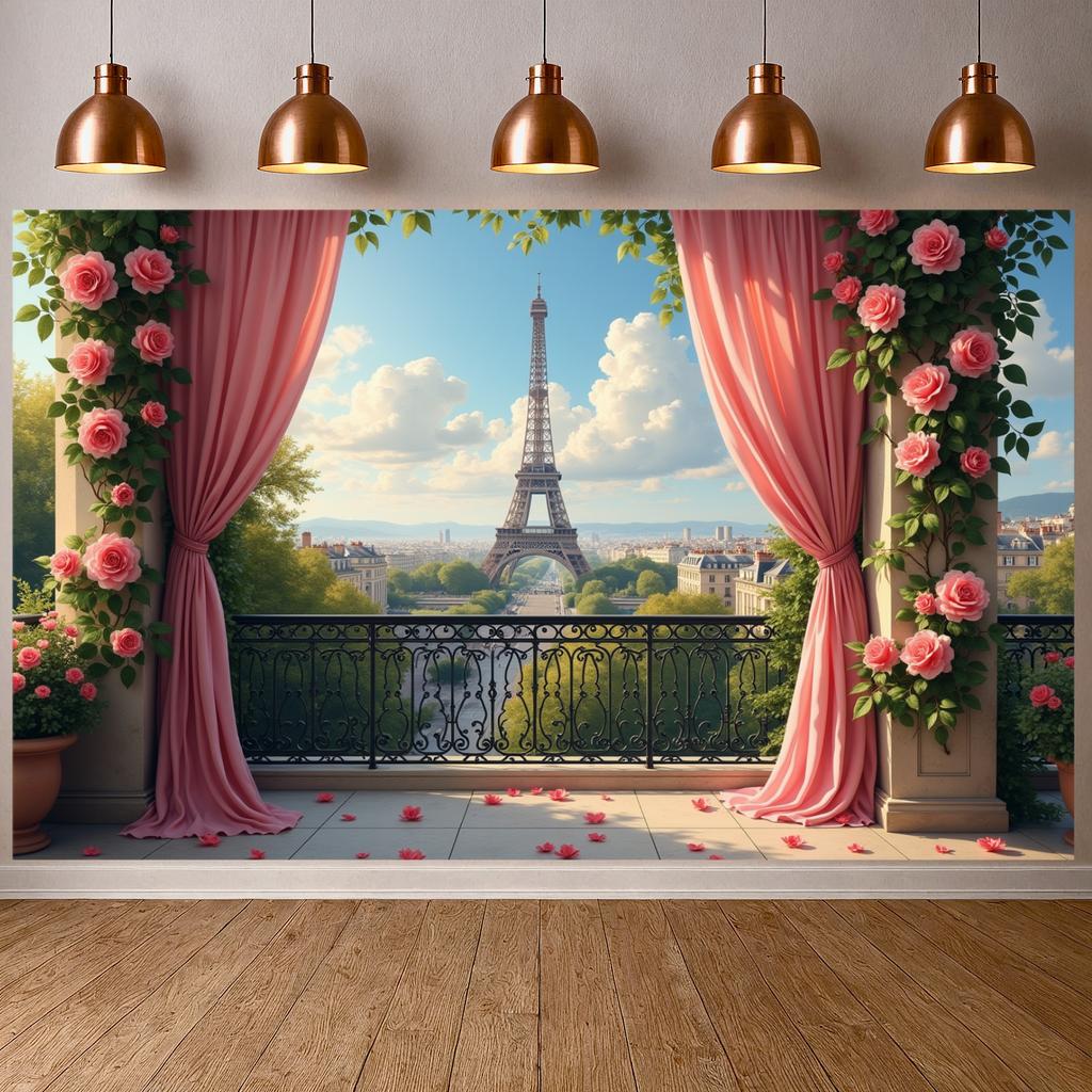 Romantic Rose Banner Balcony Scene Paris Landscape Backdrop Floral Decor Banner Green Vine Eiffel Tower Backdrop For Wedding