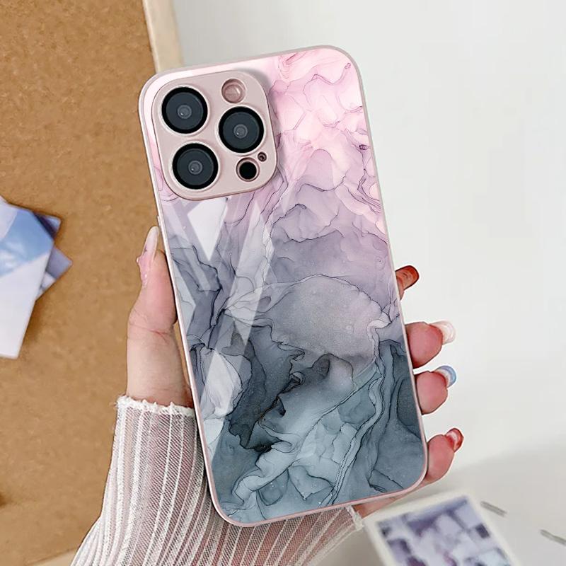 Marble Pattern Phone Case For iPhone 16 Pro Max Case iPhone 15 13 11 12 14 Pro Max X XR XS 7 8 Plus SE  Tempered Glass Cover